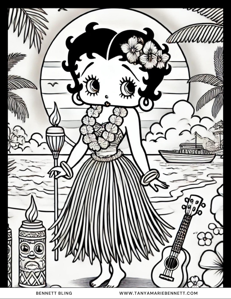 K&ouml;nnte beinhalten: Schwarz-Wei&szlig;-Illustration einer Zeichentrickfigur in einem Hula-Rock, geschm&uuml;ckt mit Blumen und einer Girlande. Die Figur h&auml;lt eine Fackel und steht an einem Strand mit einem Boot und einer Ukulele. Der Text "BENNETT BLING" und "WWW.TANYAMARIEBENNETT.COM" ist enthalten.