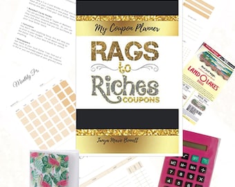 May include: A black and gold coupon planner with the title "My Coupon Planner RAGS to Riches COUPONS" and the name "Tanya Marie Bennett" printed on the cover.