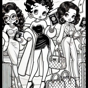 K&ouml;nnte beinhalten: Schwarz-Wei&szlig;-Illustration von drei stilvollen Frauen, die jeweils einen Reisepass halten. Sie tragen elegante Outfits, darunter ein schwarzes Kleid, einen wei&szlig;en Hosenanzug und ein tr&auml;gerloses Kleid. Designer-Handtaschen und Gep&auml;ck sind ebenfalls abgebildet. Der Text "BENNETT BLING" und "WWW.TANYAMARIEBENNETT.COM" ist enthalten.