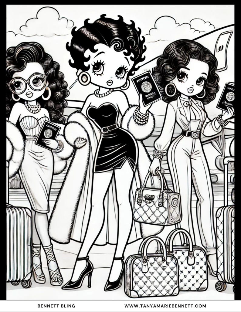 K&ouml;nnte beinhalten: Schwarz-Wei&szlig;-Illustration von drei stilvollen Frauen, die jeweils einen Reisepass halten. Sie tragen elegante Outfits, darunter ein schwarzes Kleid, einen wei&szlig;en Hosenanzug und ein tr&auml;gerloses Kleid. Designer-Handtaschen und Gep&auml;ck sind ebenfalls abgebildet. Der Text "BENNETT BLING" und "WWW.TANYAMARIEBENNETT.COM" ist enthalten.