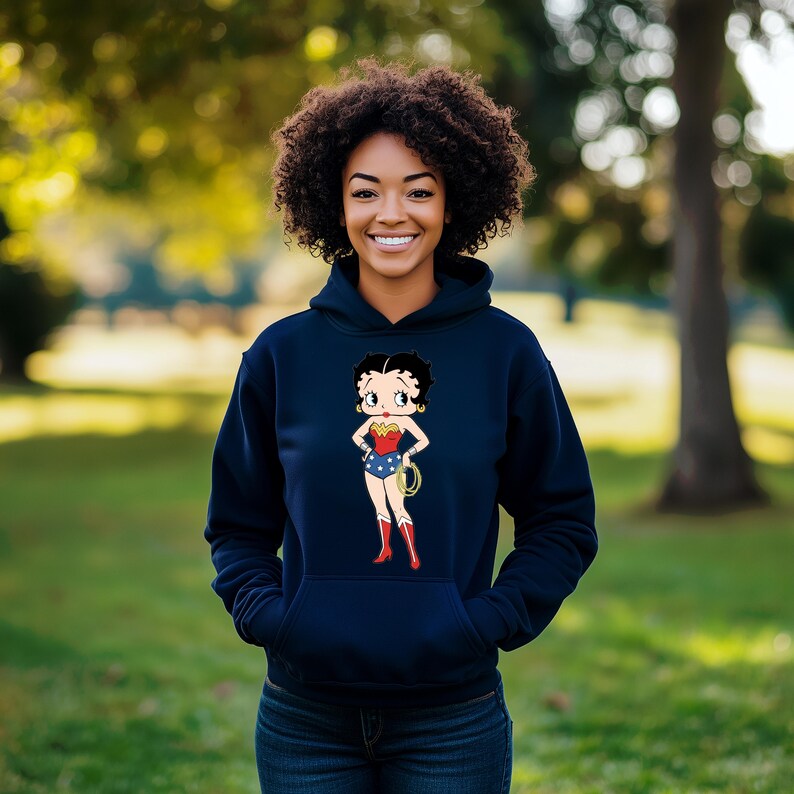 Betty Boop Design Casual Hoodie För Damkläder, Betty Boop Tecknad Grafisk Hoodie, Serietidningar Wonder Woman Casual Hoodie, Julklapp Navy