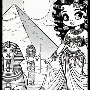 K&ouml;nnte beinhalten: Schwarz-Wei&szlig;-Illustration mit einer Cartoon-Frau in &auml;gyptischer Kleidung, mit einer Pyramide, einer Sphinx und anderen Figuren im Hintergrund. Das Bild enth&auml;lt den Text "BENNETT BLING" und "WWW.TANYAMARIEBENNETT.COM".