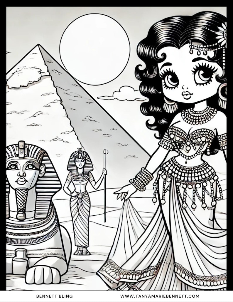 K&ouml;nnte beinhalten: Schwarz-Wei&szlig;-Illustration mit einer Cartoon-Frau in &auml;gyptischer Kleidung, mit einer Pyramide, einer Sphinx und anderen Figuren im Hintergrund. Das Bild enth&auml;lt den Text "BENNETT BLING" und "WWW.TANYAMARIEBENNETT.COM".