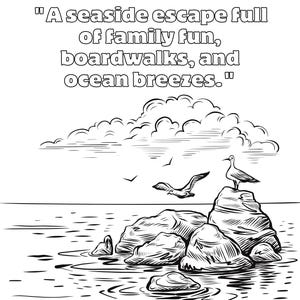 K&ouml;nnte beinhalten: Schwarz-Wei&szlig;-Illustration einer K&uuml;stenlandschaft mit dem Text "MYRTLE BEACH: A seaside escape full of family fun, boardwalks, and ocean breezes." Zeigt Felsen, M&ouml;wen und Wasser. Enth&auml;lt Website und Markenname.