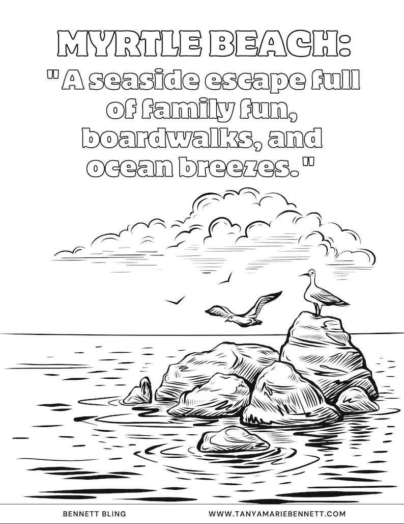 K&ouml;nnte beinhalten: Schwarz-Wei&szlig;-Illustration einer K&uuml;stenlandschaft mit dem Text "MYRTLE BEACH: A seaside escape full of family fun, boardwalks, and ocean breezes." Zeigt Felsen, M&ouml;wen und Wasser. Enth&auml;lt Website und Markenname.