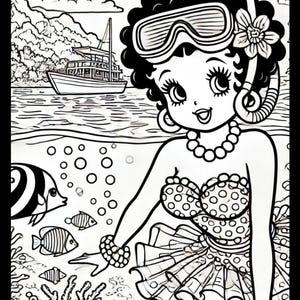 K&ouml;nnte beinhalten: Schwarz-Wei&szlig;-Illustration einer Frau in einem Badeanzug mit Polka-Dots, einer Perlenkette und einer Tauchmaske. Das Bild enth&auml;lt ein Boot, Fische und Korallen. Der Text auf dem Bild lautet "BENNETT BLING" und "WWW.TANYAMARIEBENNETT.COM".