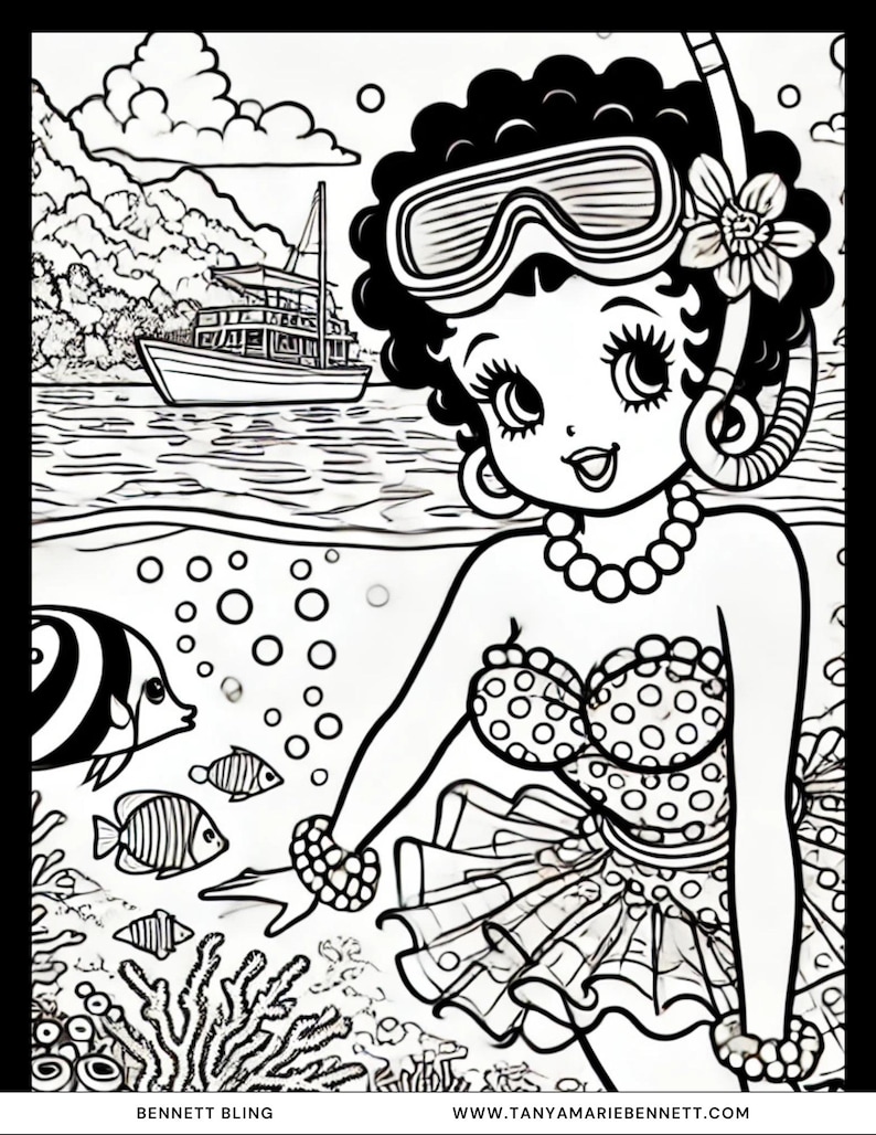 K&ouml;nnte beinhalten: Schwarz-Wei&szlig;-Illustration einer Frau in einem Badeanzug mit Polka-Dots, einer Perlenkette und einer Tauchmaske. Das Bild enth&auml;lt ein Boot, Fische und Korallen. Der Text auf dem Bild lautet "BENNETT BLING" und "WWW.TANYAMARIEBENNETT.COM".
