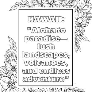 K&ouml;nnte beinhalten: Schwarz-Wei&szlig;-Illustration mit floralem Rahmen. Das Bild zeigt das Wort "HAWAII" &uuml;ber dem Zitat: "Aloha to paradise - &uuml;ppige Landschaften, Vulkane und endloses Abenteuer."