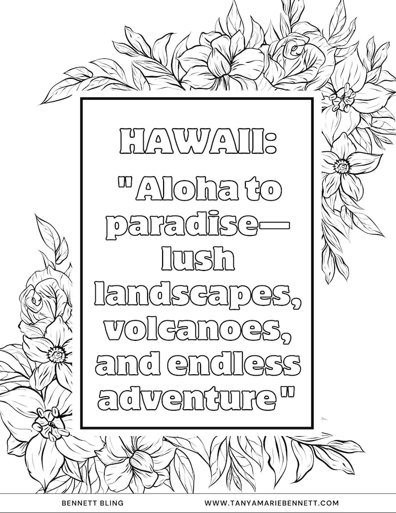 K&ouml;nnte beinhalten: Schwarz-Wei&szlig;-Illustration mit floralem Rahmen. Das Bild zeigt das Wort "HAWAII" &uuml;ber dem Zitat: "Aloha to paradise - &uuml;ppige Landschaften, Vulkane und endloses Abenteuer."