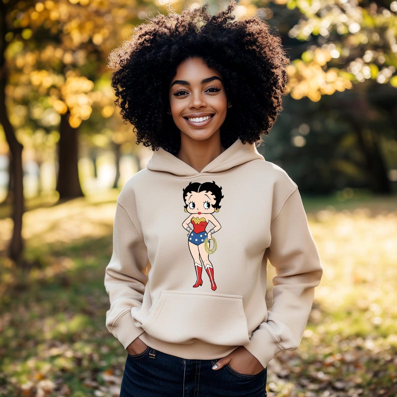 Betty Boop Design Casual Hoodie För Damkläder, Betty Boop Tecknad Grafisk Hoodie, Serietidningar Wonder Woman Casual Hoodie, Julklapp Sand