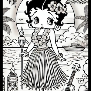 K&ouml;nnte beinhalten: Schwarz-Wei&szlig;-Illustration einer Cartoon-Frau in einem Hula-Rock, geschm&uuml;ckt mit Blumen und einer Lei. Der Hintergrund zeigt eine Strandszene mit Palmen, einem Boot und einer Ukulele. Der Text auf dem Bild lautet "BENNETT BLING" und "WWW.TANYAMARIEBENNETT.COM".
