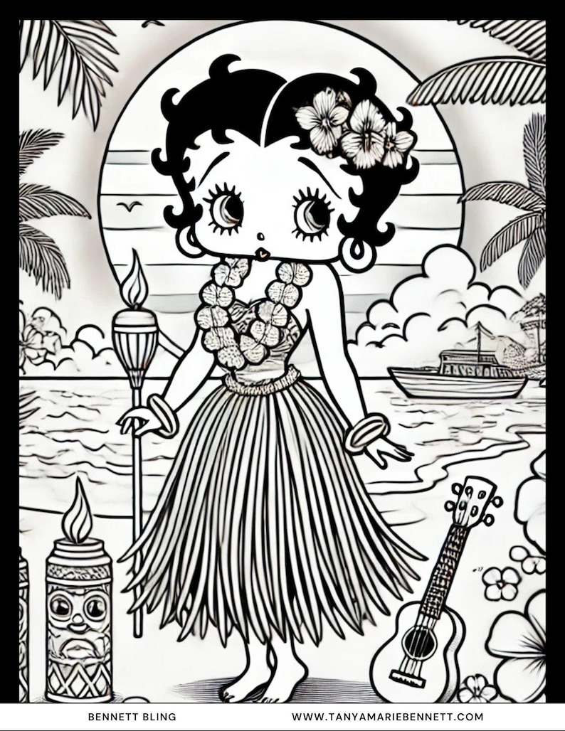 K&ouml;nnte beinhalten: Schwarz-Wei&szlig;-Illustration einer Cartoon-Frau in einem Hula-Rock, geschm&uuml;ckt mit Blumen und einer Lei. Der Hintergrund zeigt eine Strandszene mit Palmen, einem Boot und einer Ukulele. Der Text auf dem Bild lautet "BENNETT BLING" und "WWW.TANYAMARIEBENNETT.COM".