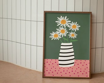 Daisies in a vase original art, downloadable print for modern interiors. Eclectic boho white, green, pink