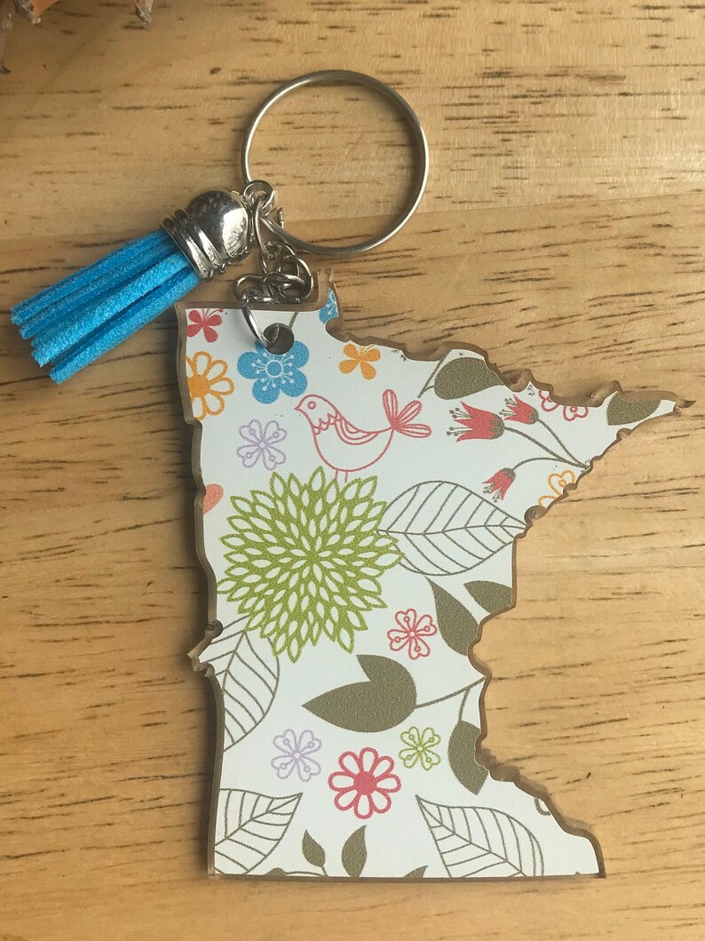 MN State Keychain with Tassel patterned Minnesota Keychain Etsy