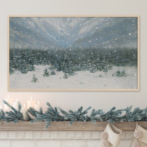 Christmas Frame TV Art Vintage Winter Landscape Painting, Snowy Forest, Digital Download