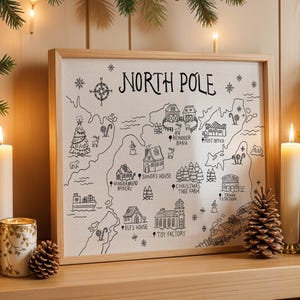 Christmas Wall Art North Pole Map, Printable Digital Downloadable File, Santa's Village Line Art, Black and White