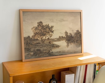 Vintage Watercolor Landscape Painting, Printable Wall Art Horizontal, Digital Download, Rustic Home Decor