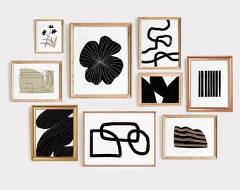 Juego de 9 cuadros de arte abstracto moderno para pared, impresión en blanco y negro (descarga digital)
