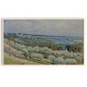 Frame TV Art Spring Landscape Painting, Riverside, Meadow, Digital Download, Farmhouse Living Room Decor