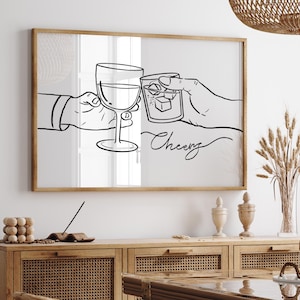 Bar Cart, Kitchen Print, Cheers Printable Wall Art, Black and White Minimalist Dinning Decor, Instant Download