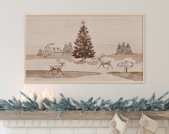 Samsung Frame TV Art Rendier, Kerstmis, Winter, Vintage, Pijnbomen, Neutrale kunst