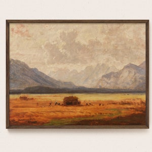 Autumn Wall Art | Vintage Landscape Art Print | Wheat Field, Mountain Oil Painting | Farmhouse Fall Wall Decor
