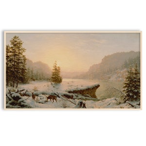 Samsung Frame TV Art Christmas, Winter Landscape, Snow, Reindeer Painting, Instant Download
