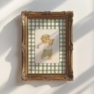 Vintage-style neutral nursery wall art set with soft watercolor golf teddy bears and green plaid backgrounds for a baby boy room.