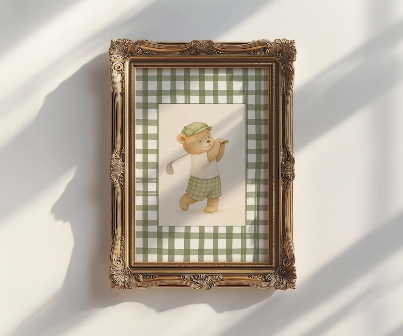 Vintage-style neutral nursery wall art set with soft watercolor golf teddy bears and green plaid backgrounds for a baby boy room.