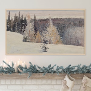 Samsung Frame TV Art Winter, Vintage Landscape Painting, Snowy Mountain and Trees, Instant Download