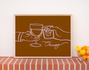 Bar Cart Print, Printable Wall Art Cheers Horizontal, Kitchen Dinning Decor, Digital Download, Minimalist Trendy Poster