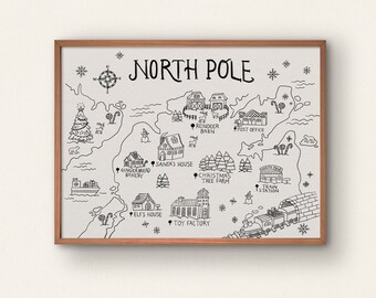 Christmas Wall Art North Pole Map, Printable Digital Downloadable