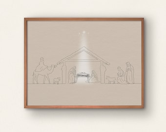 Nativity Wall Art Printable Digital File, Jesus Birth Neutral Minimalist Line Art, Christmas Wall Decor
