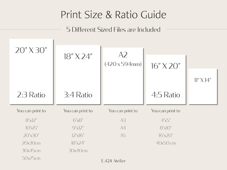 May include: Print size and ratio guide with five different sized files. Displays print sizes such as 20" x 30", 18" x 24", A2 (420 x 594mm), 16" x 20", and 11" x 14". Includes corresponding print sizes like 8"x12", 6"x8", A3, 4"x5", and more.