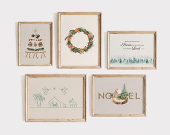 May include: Set of five printable Christmas art prints featuring a wreath, a Christmas tree, a nativity scene, a Christmas village, and a quote about the birth of Jesus.