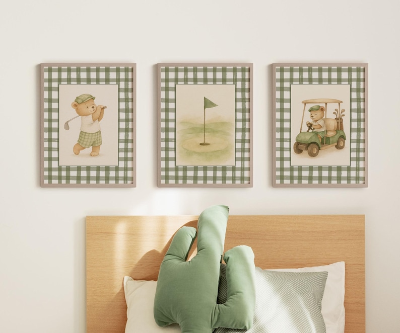 Set of three nursery prints featuring a teddy bear golfer, golf flag, and golf cart on green gingham backgrounds for playroom decor