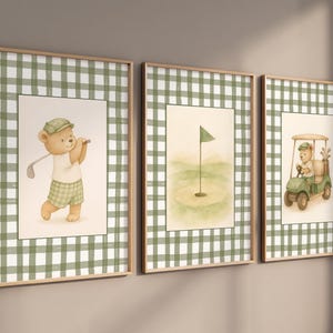 Set of three nursery prints featuring a teddy bear golfer, golf flag, and golf cart on green gingham backgrounds.