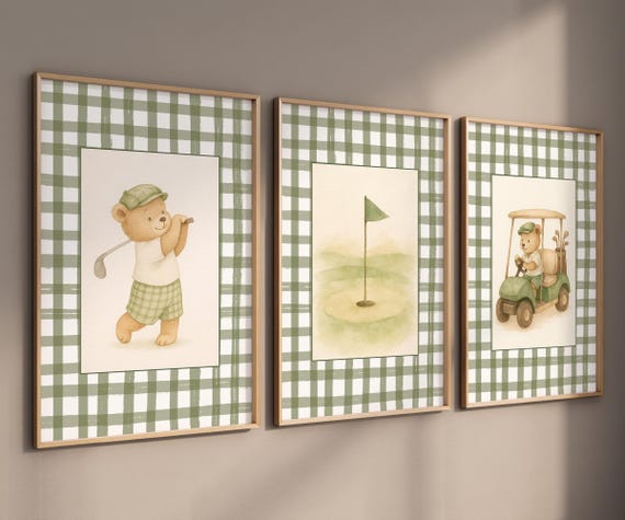 Neutral Nursery Wall Art, Golf Teddy Bear Print Set, Play Room Wall Decor, Digital Download