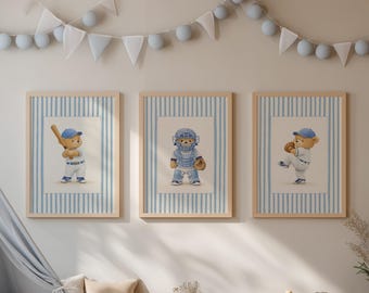 Baseball Nursery Wall Art Set | Blue Stipe Decor | Teddy Bear Printable Digital Download