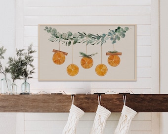 Winter Frame TV Art, Christmas Garlands, Orange Slice, Eucalyptus, Cinnamon Stick, Winter Home Decor, Digital Download