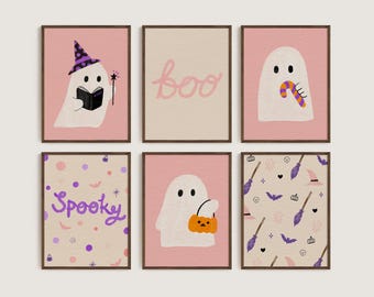 Juego de 6 impresiones de Halloween para pared / Decoración del hogar encantadora y espeluznante / Impresión de fantasmas / Arte de pared imprimible / Descarga digital / Impresiones de Halloween rosas