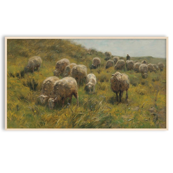 Samsung Frame TV Art Landscape, Ranch, Sheep Vintage Painting, Instant Download