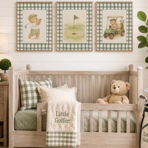 Set of three nursery prints featuring a teddy bear golfer, golf flag, and golf cart on green gingham backgrounds.