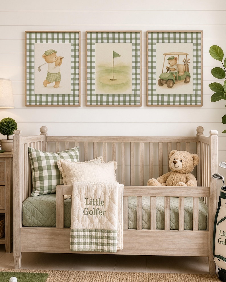 Set of three nursery prints featuring a teddy bear golfer, golf flag, and golf cart on green gingham backgrounds.