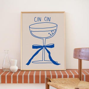 バーカートプリント トレンディ | リボン付きカクテルグラス プリント可能なウォールアート | Cin Cin Cheers キッチンポスター | デジタルダウンロード
