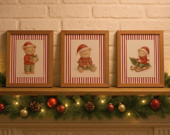 Christmas Nursery Decor, Teddy Bear Christmas Wall Art Set, Digital Download