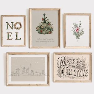 Juego de 5 lienzos de galería cristiana, arte de la Natividad, versículo bíblico de Navidad, arte de pared imprimible