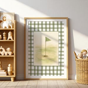 Vintage-style nursery wall art set with soft watercolor golf bears and green plaid backgrounds for a baby boy room.