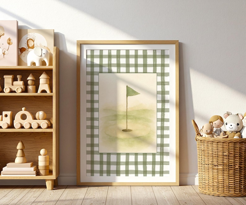 Vintage-style nursery wall art set with soft watercolor golf bears and green plaid backgrounds for a baby boy room.