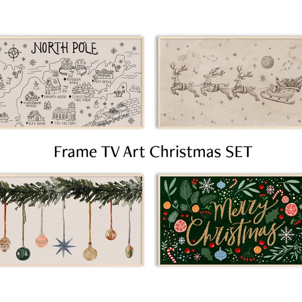 Samsung Frame TV Art Christmas Set, Santa's Sleigh, North Pole Map, Ornaments, Merry Christmas
